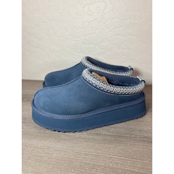 UGG Tazz Desert Blue Suede Fur Platform Slippers Womens Size 8 *NEW* - Picture 1 of 8